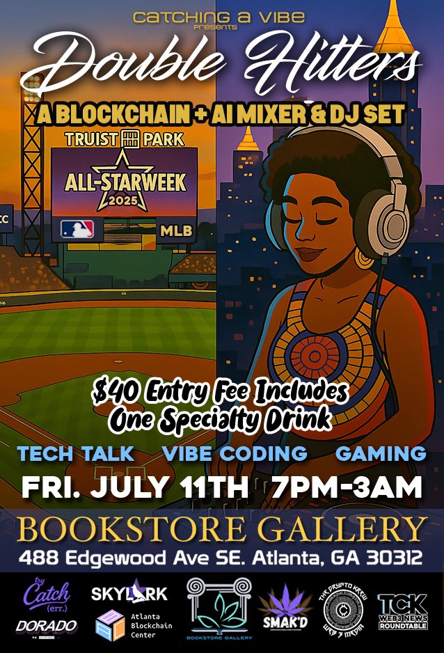 📢⚾️Catching a Vibe: Double Hitters Edition! 

Join us from 7pm-3am on July 11th @ The Bookstore Gallery. 

It's MLB All-Star weekend and we're going extra innings at the
Bookstore Gallery.

Catch the Double Hitter, the second installment of the Catch a Vibe series  where culture