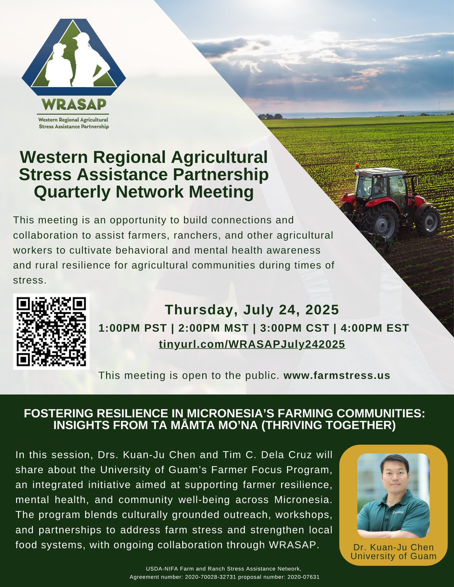 Western Regional Ag. Stress Assistance Partnership (@wrasap) on Twitter photo 📣 Don’t forget to register for the #WRASAP Quarterly Meeting on 7/24! Hear from Drs. Chen & Dela Cruz about <a href="/UOGTriton/">University of Guam</a>'s Farmer Focus Program, an initiative supporting ag communities in Micronesia. #NIFAImpacts #AgHealth
📝 Register now: tinyurl.com/WRASAPJuly2420… 📣 Don’t forget to register for the #WRASAP Quarterly Meeting on 7/24! Hear from Drs. Chen & Dela Cruz about <a href="/UOGTriton/">University of Guam</a>'s Farmer Focus Program, an initiative supporting ag communities in Micronesia. #NIFAImpacts #AgHealth
📝 Register now: tinyurl.com/WRASAPJuly2420…