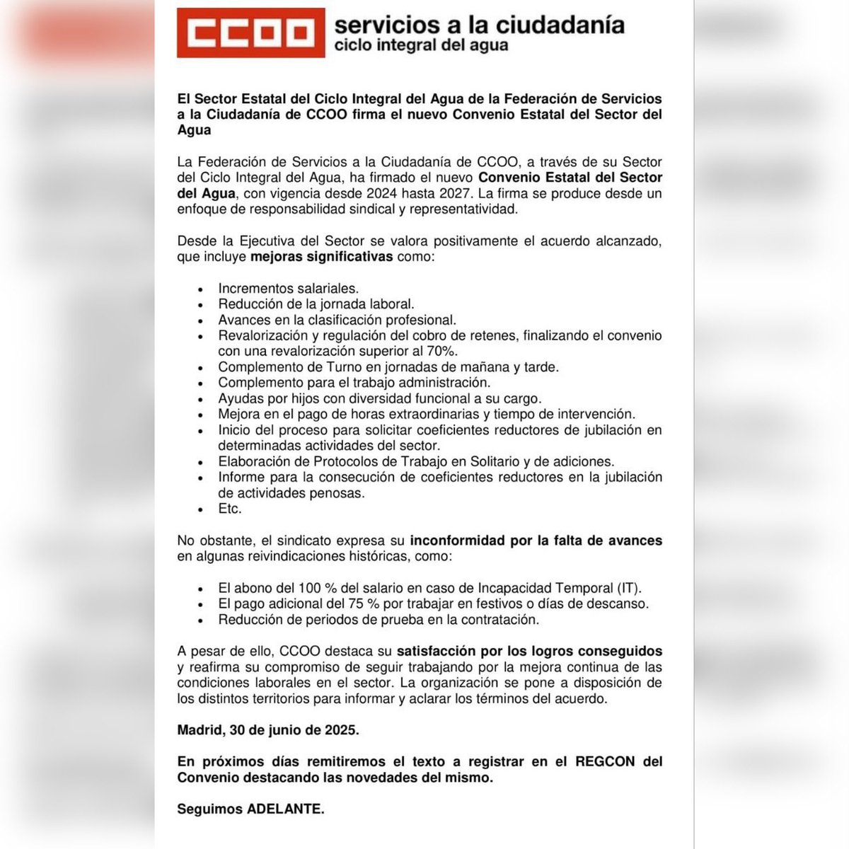 El Sector Estatal del Ciclo Integral del Agua de la Federación de Servicios a la Ciudadanía de CCOO firma el nuevo Convenio Estatal del Sector del Agua.

Visita nuestra página.
agua.fsc.ccoo.es
#fscccoo #fscccoocia