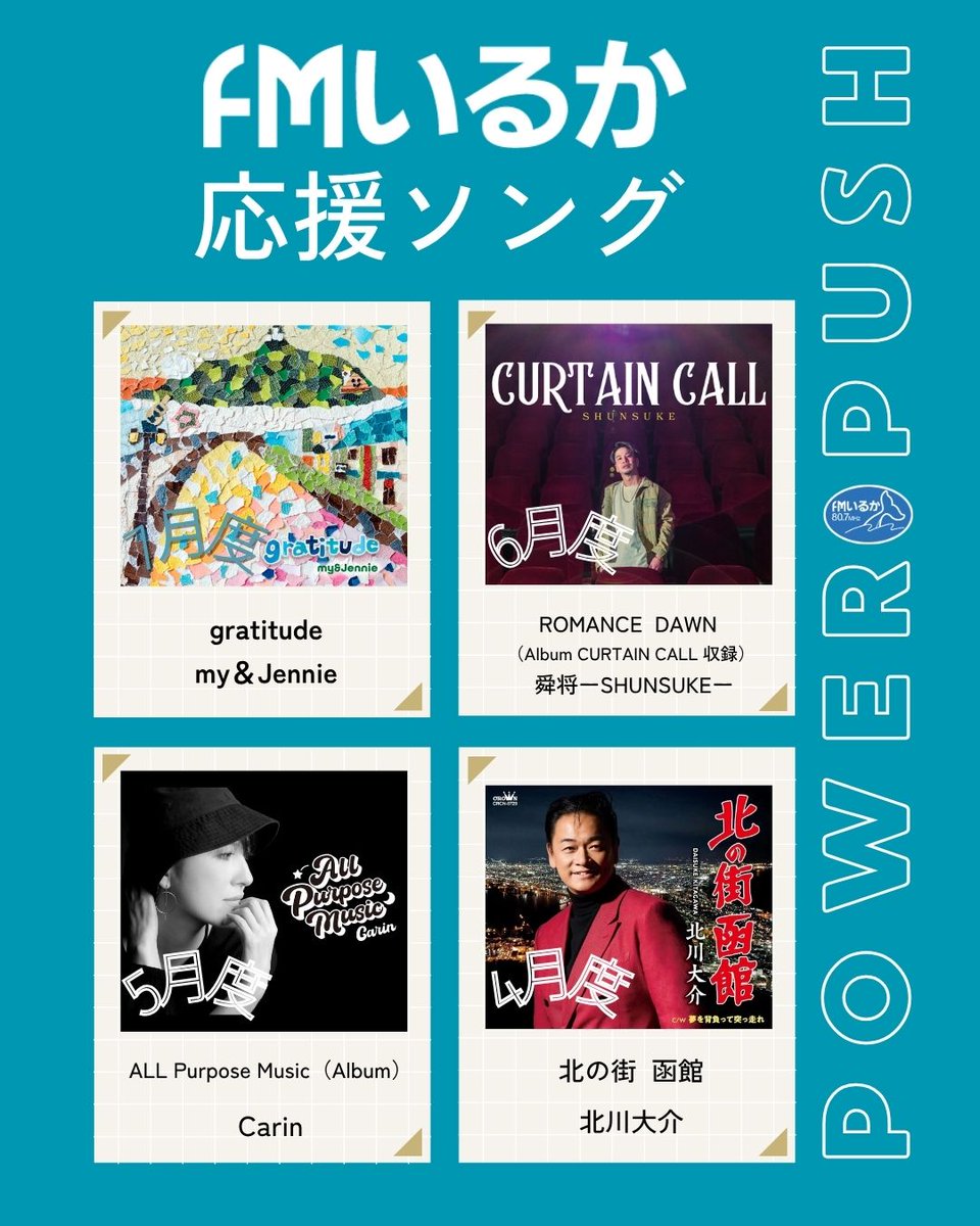 fmiruka's tweet image. 【応援ソング】
FMいるかでは北海道ゆかりのアーティスト・楽曲を1ヶ月間POWERPUSHする「応援ソング」を選定しています。
公式HPでPOWERPUSHのご紹介をしていますので、是非ご覧ください。
2024年8月度から今月までのラインナップをご確認いただく事ができます。
fmiruka.co.jp/power-push/
7月度は…