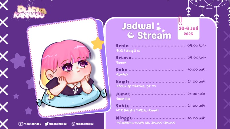 rheakannasu_'s tweet photo. HII GUYSSS JADWAL MINGGU INI~
Hashtag:
Fans : #Dreamers
FanArt : #RheaFanart
Live : #RheaStream
General : #RheaKannasu
#VtuberID #VtuberSupport #VTuberUprising #Schedule https://t.co/MhZb3wkWky