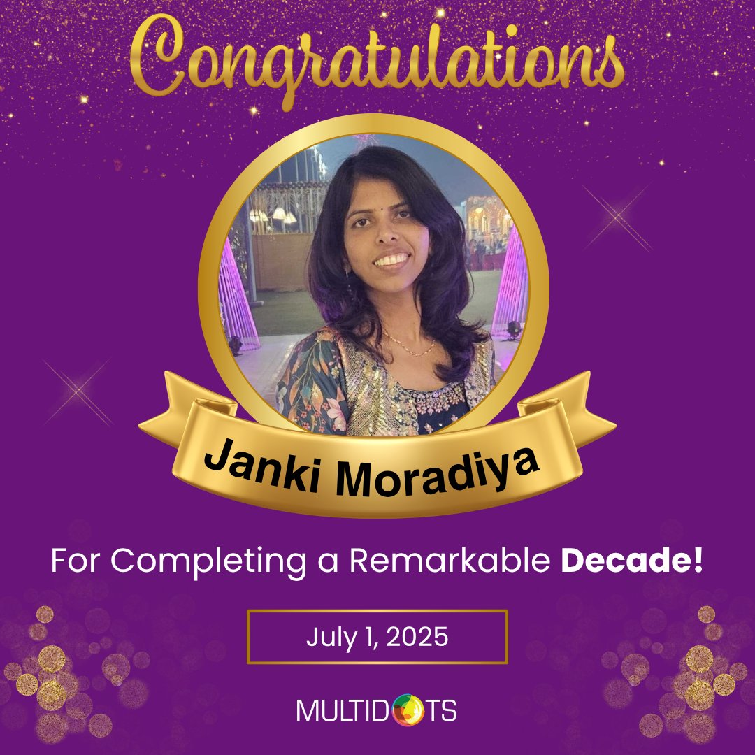 Multidots (@multidots) on Twitter photo 🎊 Congratulations to <a href="/JankiMoradiya/">Janki Moradiya</a> on completing 10 incredible years with Multidots! Her journey has been filled with dedication, growth, and impact.
We’re thankful for her commitment and the positivity she brings to our team. Here's to many more milestones ahead, Janki! 👏 🎊 Congratulations to <a href="/JankiMoradiya/">Janki Moradiya</a> on completing 10 incredible years with Multidots! Her journey has been filled with dedication, growth, and impact.
We’re thankful for her commitment and the positivity she brings to our team. Here's to many more milestones ahead, Janki! 👏