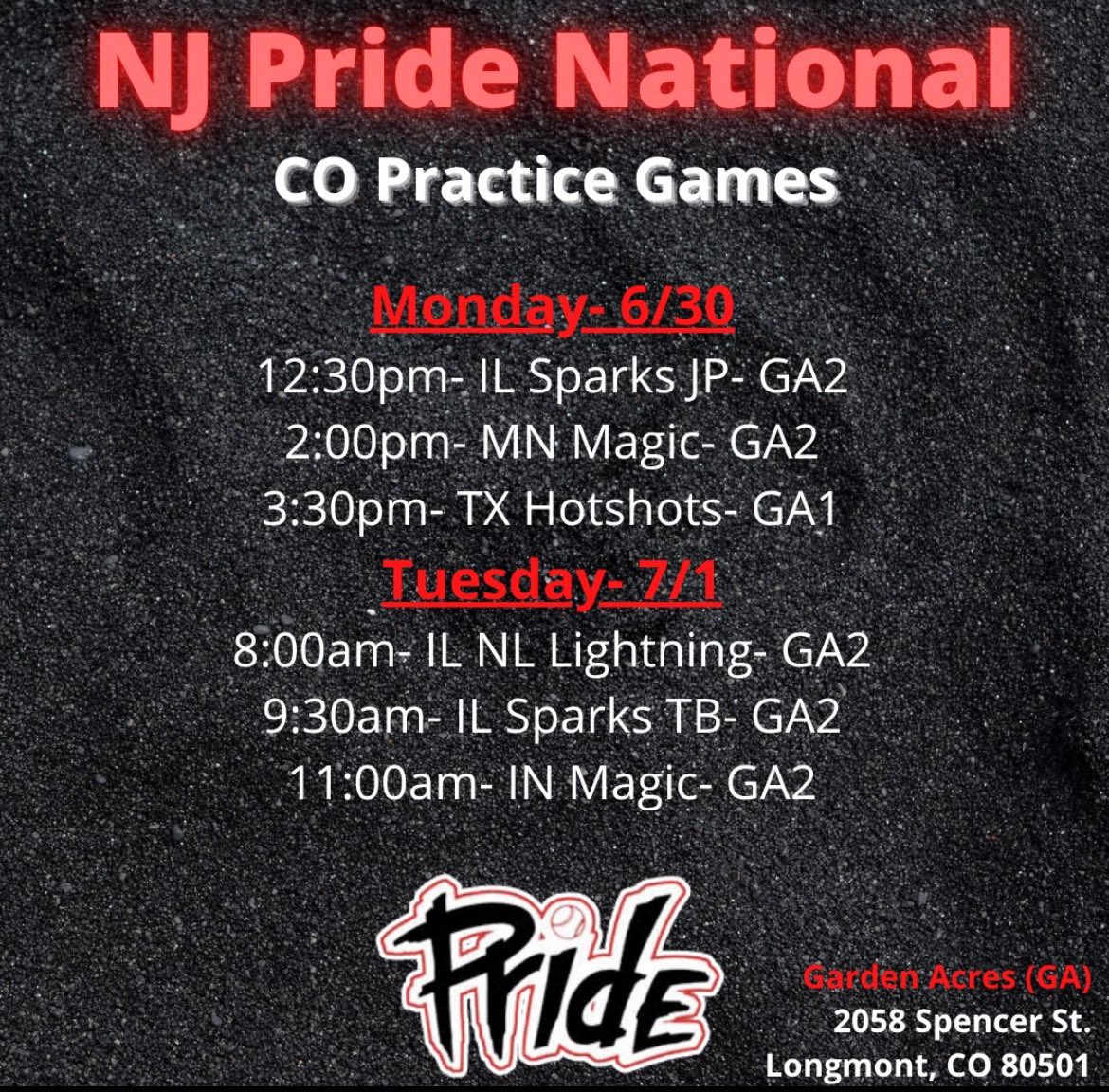 Had such an amazing time today with the NJ Pride Futures 14u during the first practice games of the Colorado IDT! Tomorrow I will be playing with the NJ Pride 16u for more practice games and then I can’t wait for the tournament to start! Here is the 16u practice schedule for 7/1.