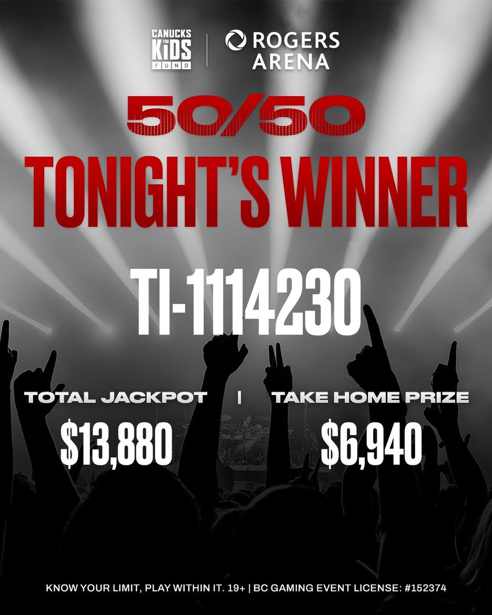 Canucksforkids's tweet image. Tonight’s winning @RogersArena 50/50 # is TI-1114230.
Thank you for supporting kids in BC! 🤍