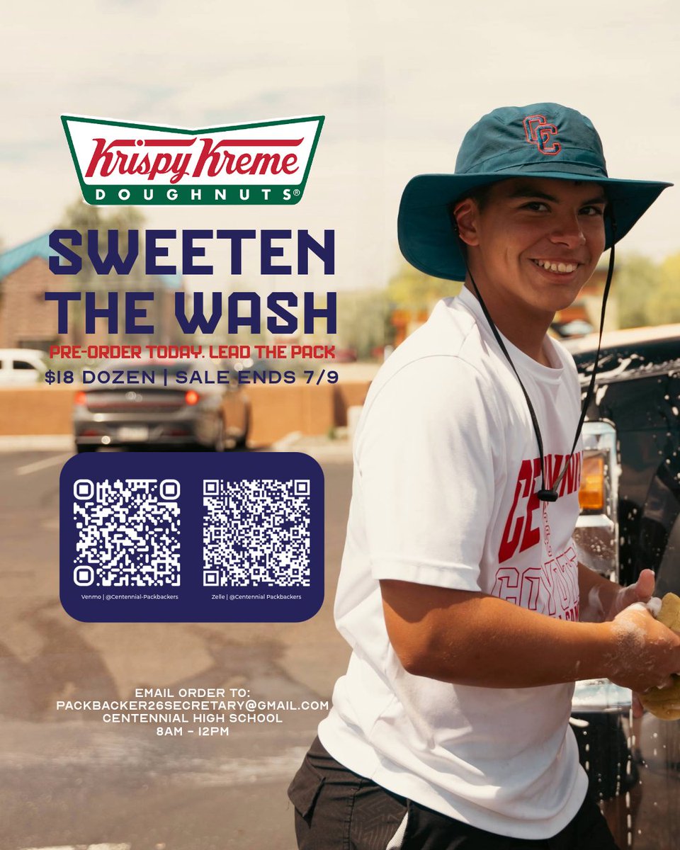 Centennial Coyotes Football (@cehsfootball) on Twitter photo Pre-order a dozen Krispy Kreme donuts for just $18 and pick them up at our Centennial Car Wash Fundraiser! ๐งผ๐โจ
.
๐ Pick-up: Centennial High School โ July 12th
๐
Order deadline: July 9th
๐ง Email your order to: packbacker26secretary@gmail.com Pre-order a dozen Krispy Kreme donuts for just $18 and pick them up at our Centennial Car Wash Fundraiser! ๐งผ๐โจ
.
๐ Pick-up: Centennial High School โ July 12th
๐
Order deadline: July 9th
๐ง Email your order to: packbacker26secretary@gmail.com