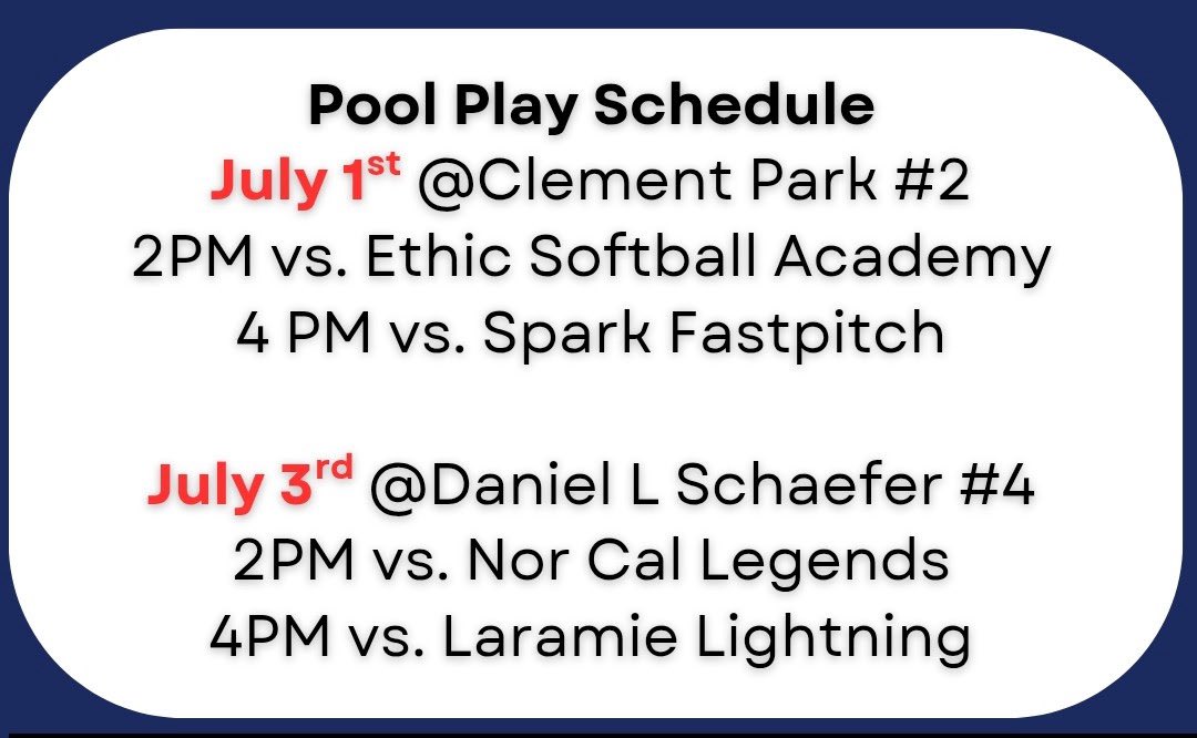 St Louis Chaos Laurrell 16U (@chaosntl08) on Twitter photo Pool play starts tomorrow at 2pm at Clement Park. Come check us out! Can’t wait to spend the next several days facing top competition at the CO Sparkler!
<a href="/COSparkFire/">CO 4th of July</a> <a href="/triplecrownspts/">Triple Crown Sports</a> Pool play starts tomorrow at 2pm at Clement Park. Come check us out! Can’t wait to spend the next several days facing top competition at the CO Sparkler!
<a href="/COSparkFire/">CO 4th of July</a> <a href="/triplecrownspts/">Triple Crown Sports</a>