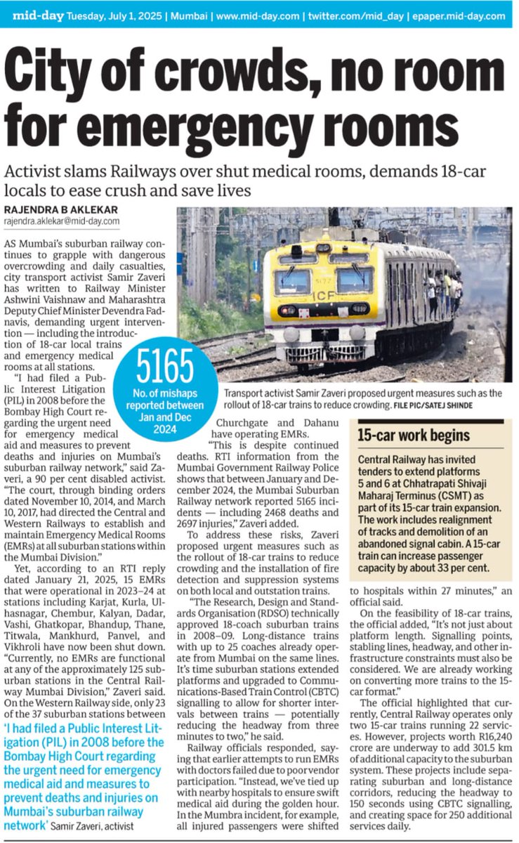 <a href="/PMOIndia/">PMO India</a> <a href="/AshwiniVaishnaw/">Ashwini Vaishnaw</a> <a href="/CMOMaharashtra/">CMO Maharashtra</a> <a href="/RailMinIndia/">Ministry of Railways</a> <a href="/realDonaldTrump/">Donald J. Trump</a> <a href="/10DowningStreet/">UK Prime Minister</a> <a href="/suchetadalal/">Sucheta Dalal</a> <a href="/UN/">United Nations</a> <a href="/UNHumanRights/">UN Human Rights</a> <a href="/hrw/">Human Rights Watch</a> 
The deaths &amp; injuries on Mumbai Suburban Railway aren’t just numbers—they’re human lives lost due to preventable issues. News reported 1.7.2025.