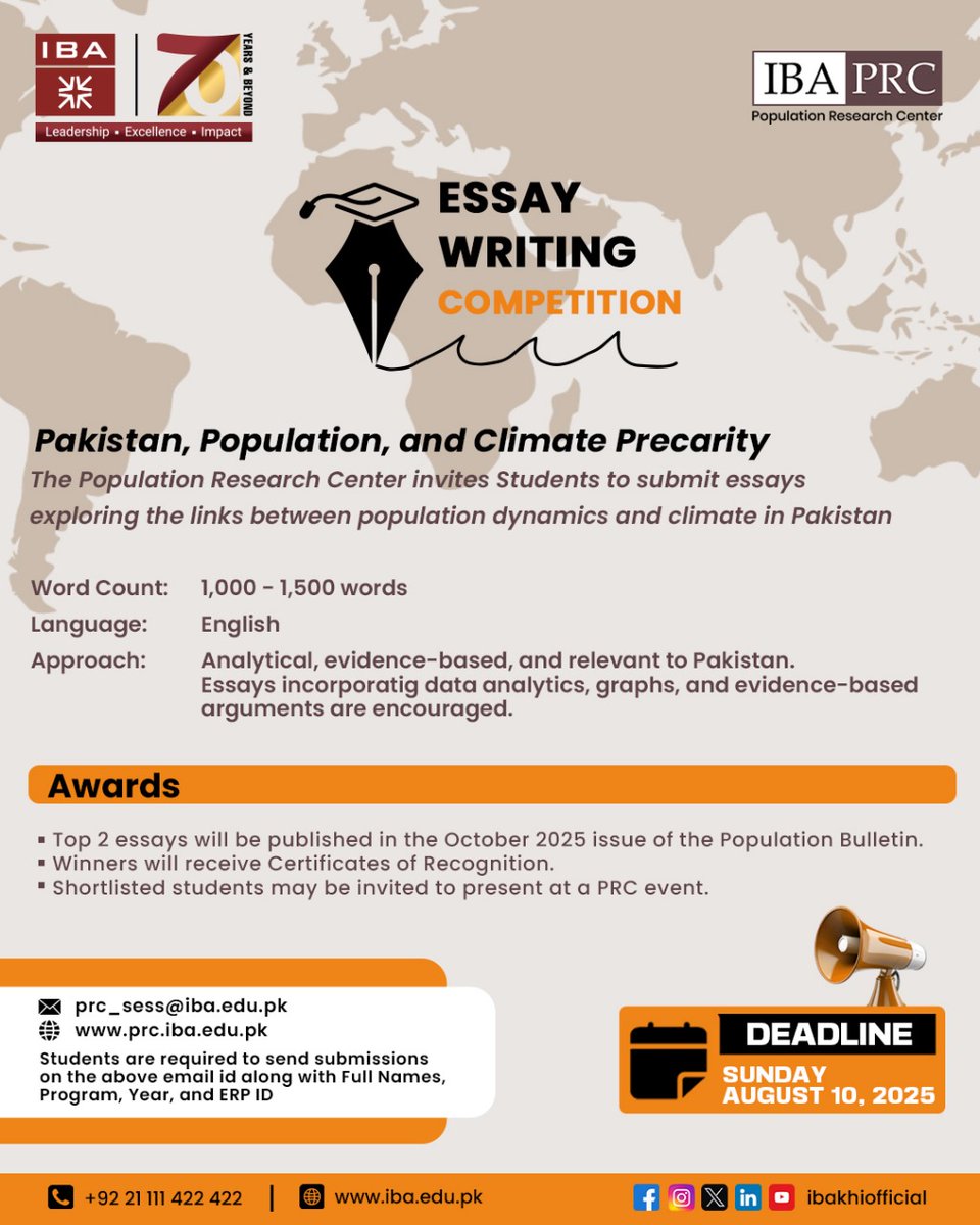 📢Writing Competition #CallForSubmissions

The Population Research Centre invites IBA students to participate in the Writing Competition 2025
<a href="/sess_iba/">School of Economics and Social Sciences(SESS), IBA</a> <a href="/ibakhiofficial/">IBA Karachi</a> 

#ClimateAction #ClimateCrisis #ClimateEmergency #ClimateEmergency #Pakistan #heatwave #floods2025