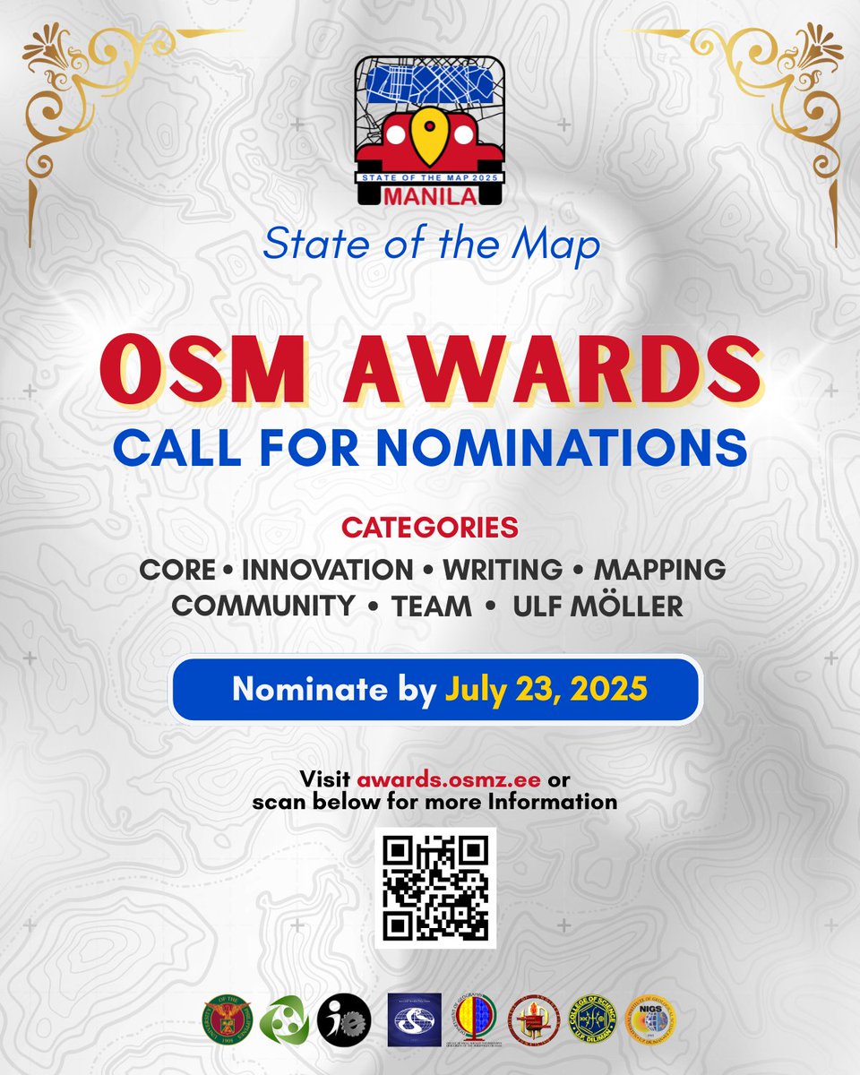 Nominations for OpenStreetMap Awards are still open! 🏆

More details and nominations link here 👉 blog.openstreetmap.org/2025/06/07/cal…

Nominate by 23 July 2025.

#SotM2025 #SotM #StateoftheMap #StateoftheMap2025 #OpenStreetMap #Community #OSMAwards #OSMAwards2025