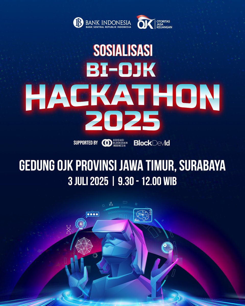 Surabaya, siap-siap ya! 
Sosialisasi BI-OJK Hackathon 2025 bakal diadakan di:
📍 Gedung OJK Provinsi Jawa Timur
🗓 3 Juli 2025 | 🕤 09.30–12.00 WIB
🔗 RSVP lu.ma/yrucs02h

Kita bahas lengkap soal tema “Risk Management &amp; Consumer Protection” dan bagaimana kamu bisa ikutan