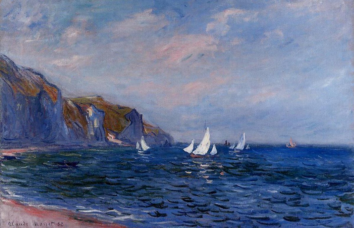 artistmonet's tweet image. Cliffs and Sailboats at Pourville - 1882 #artbots #monet