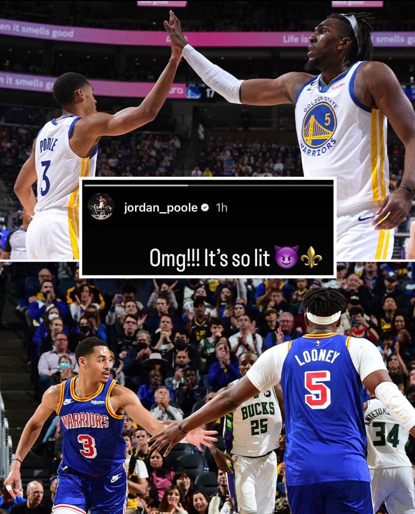 O Jordan Poole comemorando a chegada do Kevon Looney em New Orleans! Dupla  campeã no Golden State, reunida no Pelicans!, image size:827x1024