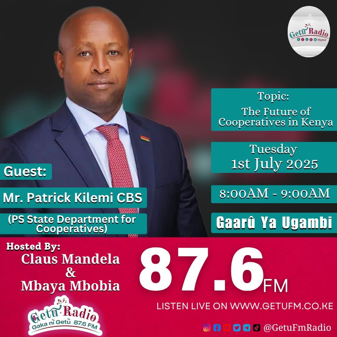 Ushirika_Kenya's tweet photo. Please tune in this morning
@Getufmradio as PS @Patrickkilemi discuss matters Cooperatives under the #BETA
#cooperativesreforms|| #EmpoweringCooperatives || #dairyvaluechain || #financialinclusion || #IYC2025 https://t.co/oorafN4YGr