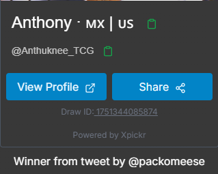 Sir Moose Esquire (@packomeese) on Twitter photo Congrats to <a href="/Anthuknee_TCG/">Anthony ∙ 🇲🇽 | 🇺🇸</a> !!! Cards are yours, just DM to claim.
Thanks for taking part and more giveaways on the way!
Have a great week ahead! Congrats to <a href="/Anthuknee_TCG/">Anthony ∙ 🇲🇽 | 🇺🇸</a> !!! Cards are yours, just DM to claim.
Thanks for taking part and more giveaways on the way!
Have a great week ahead!