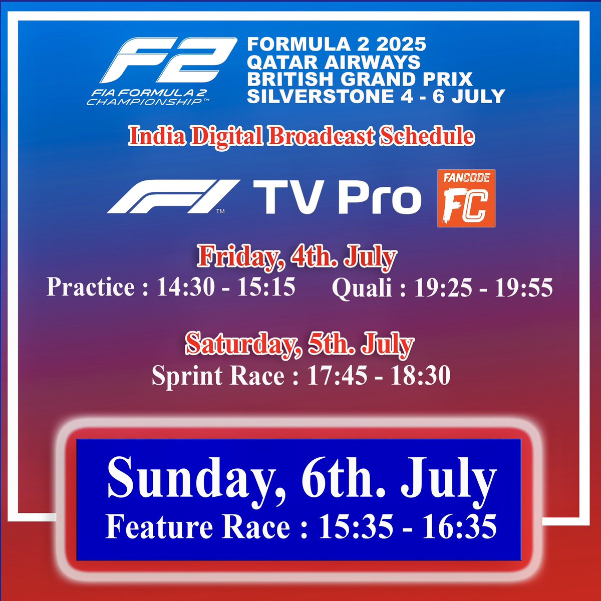 CHEQUERED FLAG 🏁 (@cfmagindia) on Twitter photo The <a href="/qatarairways/">Qatar Airways</a> #BritishGP 🇬🇧<a href="/F1/">Formula 1</a> & <a href="/Formula2/">Formula 2</a> #IndiaF1BroadcastSchedule 🇮🇳 is here!
#IndianF1Fans #India #KushMaini <a href="/Lindy_Cameron/">Lindy Cameron</a> <a href="/CScottFCDO/">Christina Scott</a> <a href="/albarrett09/">Alison Barrett</a> <a href="/UKinIndia/">UK in India🇬🇧🇮🇳</a> <a href="/dcfrombc/">Debanjan Chakrabarti</a> <a href="/MandyAGH/">@mandyagh.bsky.social 🇬🇧🇮🇳🇳🇦 (she/her)</a> <a href="/harjinderkangUK/">Harjinder Kang</a> <a href="/UKinMumbai/">UK in Mumbai 🇬🇧🇮🇳</a> <a href="/UKinKolkata/">UKinKolkata🇬🇧🇮🇳</a> <a href="/UKinChandigarh/">Caroline Rowett 🇬🇧🇮🇳</a> <a href="/DivakaranDivya/">Divya Divakaran</a> The <a href="/qatarairways/">Qatar Airways</a> #BritishGP 🇬🇧<a href="/F1/">Formula 1</a> & <a href="/Formula2/">Formula 2</a> #IndiaF1BroadcastSchedule 🇮🇳 is here!
#IndianF1Fans #India #KushMaini <a href="/Lindy_Cameron/">Lindy Cameron</a> <a href="/CScottFCDO/">Christina Scott</a> <a href="/albarrett09/">Alison Barrett</a> <a href="/UKinIndia/">UK in India🇬🇧🇮🇳</a> <a href="/dcfrombc/">Debanjan Chakrabarti</a> <a href="/MandyAGH/">@mandyagh.bsky.social 🇬🇧🇮🇳🇳🇦 (she/her)</a> <a href="/harjinderkangUK/">Harjinder Kang</a> <a href="/UKinMumbai/">UK in Mumbai 🇬🇧🇮🇳</a> <a href="/UKinKolkata/">UKinKolkata🇬🇧🇮🇳</a> <a href="/UKinChandigarh/">Caroline Rowett 🇬🇧🇮🇳</a> <a href="/DivakaranDivya/">Divya Divakaran</a>