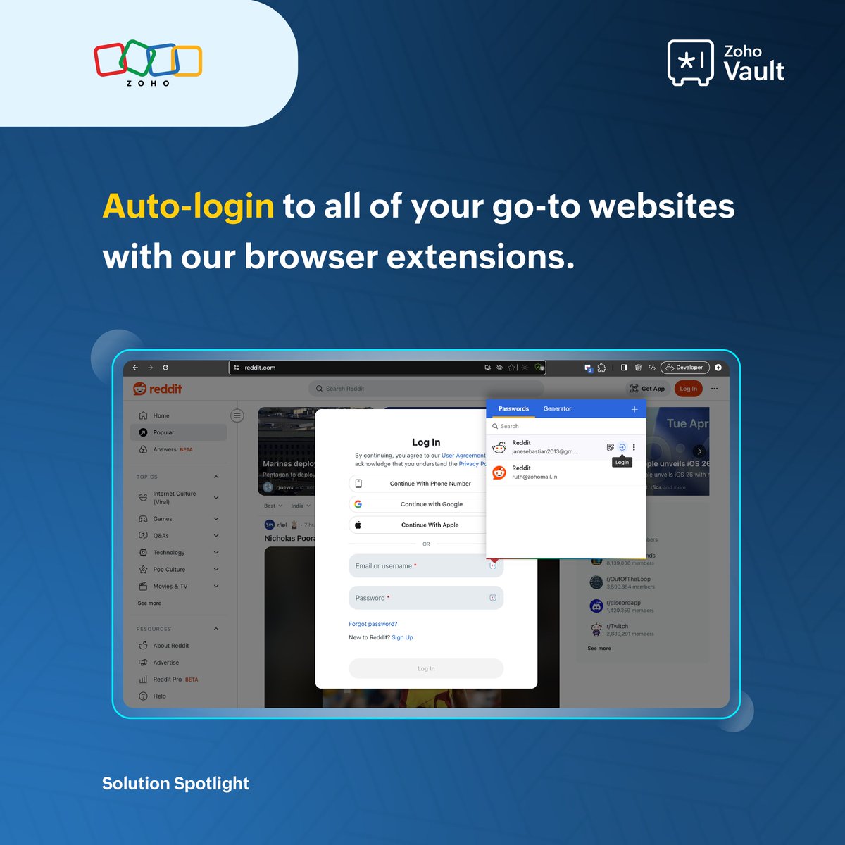 ZohoVault's tweet image. Say goodbye to manual logins! Zoho Vault’s #browserextension autofills your passwords and TOTPs so you can breeze into your go-to sites — fast, easy, and secure. 🔐
🔗 Download now: zurl.co/uHLvd
#SolutionSpotlight #DoMoreWithZohoVault #Autofill