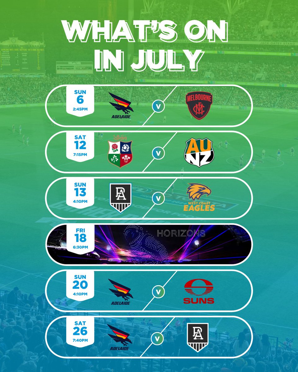 A stacked July is coming to Adelaide Oval 🏟️

Horizons transforms the Oval with lights and drones, the British &amp; Irish Lions return in a history-making clash, and footy fans can catch four key AFL match-ups, including Showdown 58 to close out the month.