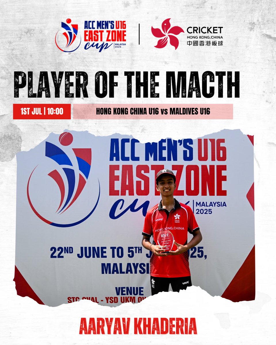 🏏 The victory continues! Congratulations to our U16 team on their fourth win, secured in style at the ACC Men's U16 East Zone Cup!! 👏👏👏 

Player of the match: Aaryav Khaderia

The semi-final will be played on 3rd July at 10AM HKT. Stay tuned for more updates.

#hkcricket