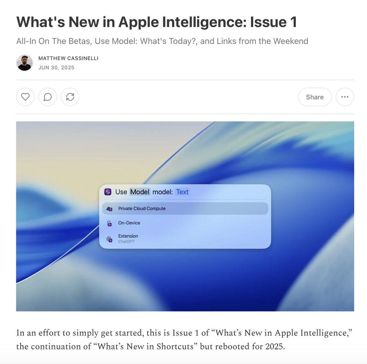 I just posted Issue 1 of my new newsletter "What's New in Apple Intelligence"