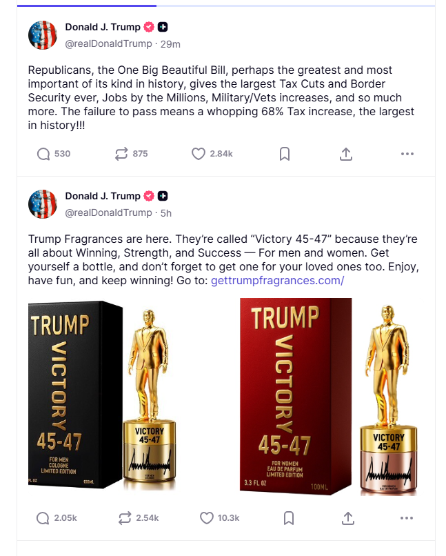 US politics summed up in two tweets sent out in succession by Trump. One calling for a budget busting, devastating bill that will cause harm across the economy....and a pitch to smell like sh&amp;t
