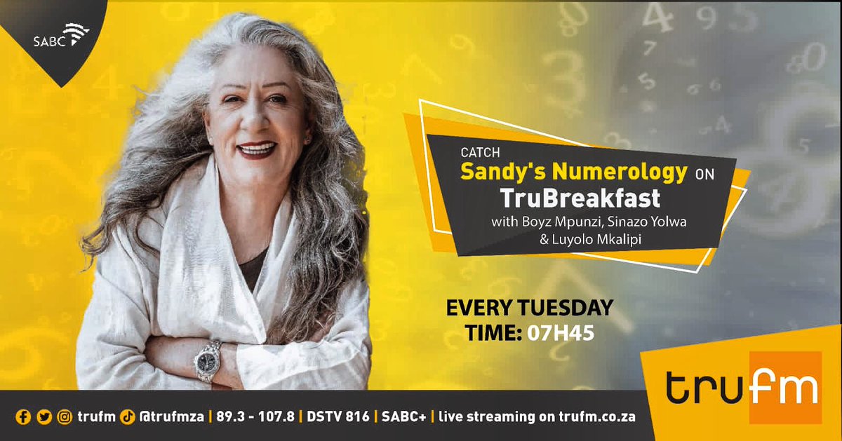 Catch <a href="/SandyNumerology/">Sandy Smith</a> at 7h45 on #truBreakfast. Sandy joins us every Tuesday to give you a free reading about your life. If you'd like to get a reading, text us your first name, gender and date of birth, or give us a call now. 

☎️086 000 2375
📱072 999 8092