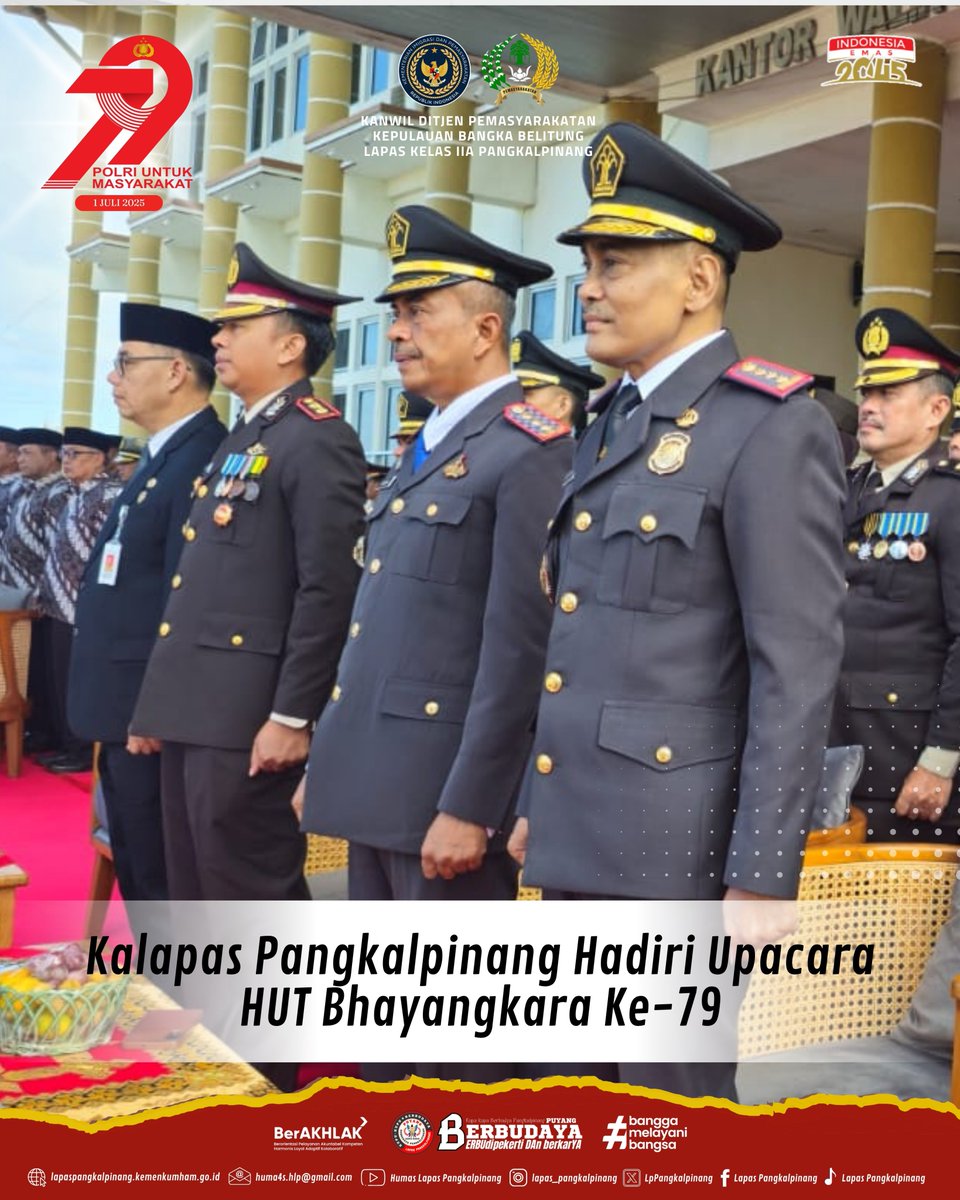 LpPangkalpinang's tweet photo. 📸 Kalapas Pangkalpinang, Sugeng Indarawan Hadiri Upacara HUT Bhayangkara ke-79. diselenggarakan Polresta Pangkalpinang. Tema: Polri untuk Masyarakat, hadir Forkopimda, APH Kota Pangkalpinang.
#HUTBhayangkara79
#kemenimipas
#ditjenpas
#pemasyarakatanbabel https://t.co/oYxYUe2PEs