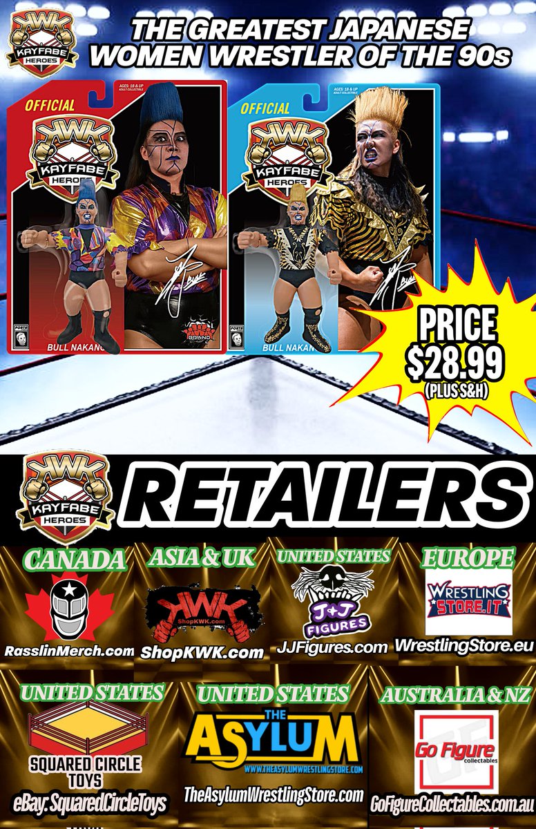 Bull Nakano, the greatest Japanese women’s wrestler of the ’90s, hits KWK Kayfabe Heroes! Pre-order her July figure with nunchucks &amp; 2 variants. Grab 1 of 200 JJFigures.com exclusives + Barry Horowitz, Ox Baker &amp; Berzerker via KWK Distribution!