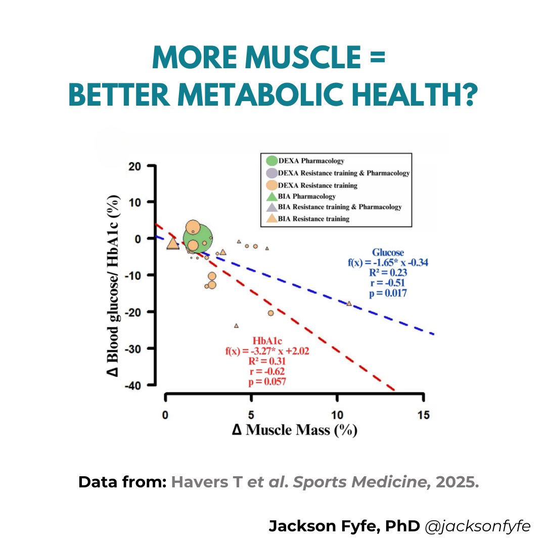 Building muscle isn’t just about “looks”.

A new review of 99 human trials found a 1.9–3.3% gain in muscle mass was associated with:

- 4.1% lower fat mass
- 4.1% reduction in HbA1c
- 5.8% drop in fasting glucose

It’s not always easy to separate the effects of muscle growth from