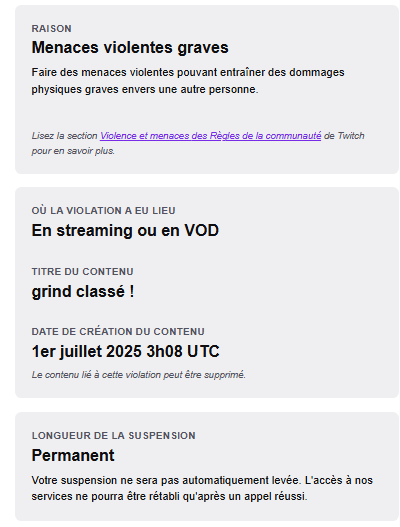 seftyVLR's tweet photo. @TwitchFR @TwitchSupport 

donc je me fais ban alors que c'est un kids qui insulte ? https://t.co/0Iloiosnhv