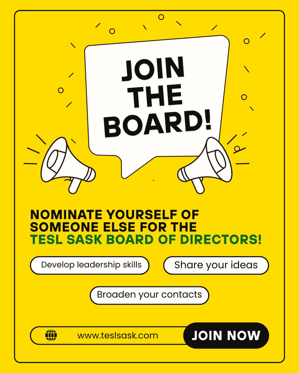 Nominations Close: Monday, July 14, 2025 ⬇️Download the form, complete it, and email it to info@teslsask.com to submit your  nomination: drive.google.com/.../1ZEzimIdKX…...
Nominate yourself or someone you admire and help us lead the way!