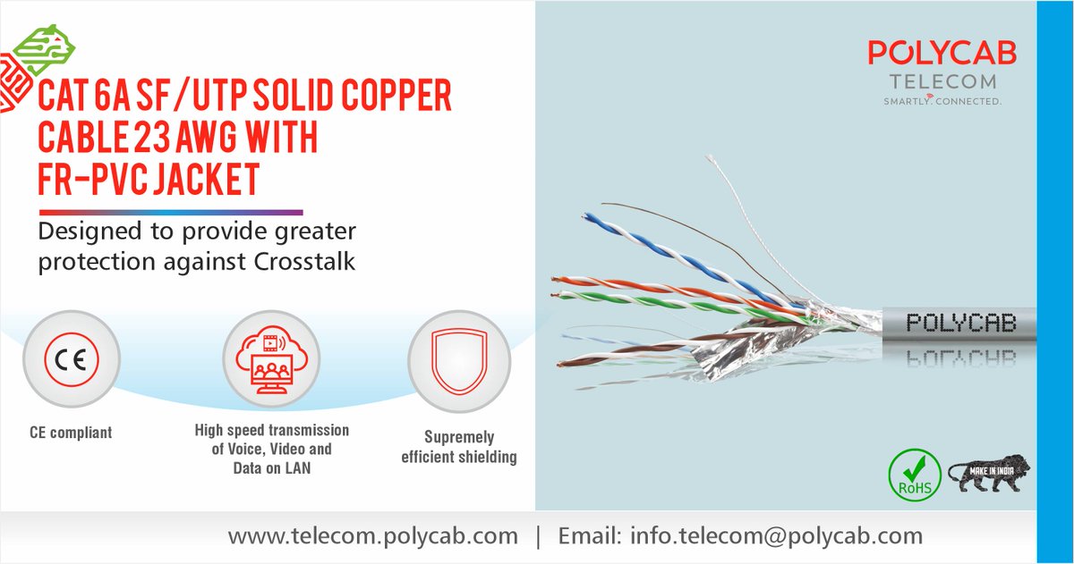 PolycabTelecom's tweet image. Cat 6A SF/UTP Solid Copper Cable 23 AWG with FR-PVC Jacket
Designed to provide greater protection against Crosstalk
To Know More - bit.ly/3I5xc85

#Cat6A #SFUTP #SolidCopperCable #FRPVCjacket #polycabtelecom #digitalIndia #makeinIndia #atmanirbharbharat @PolycabIndia