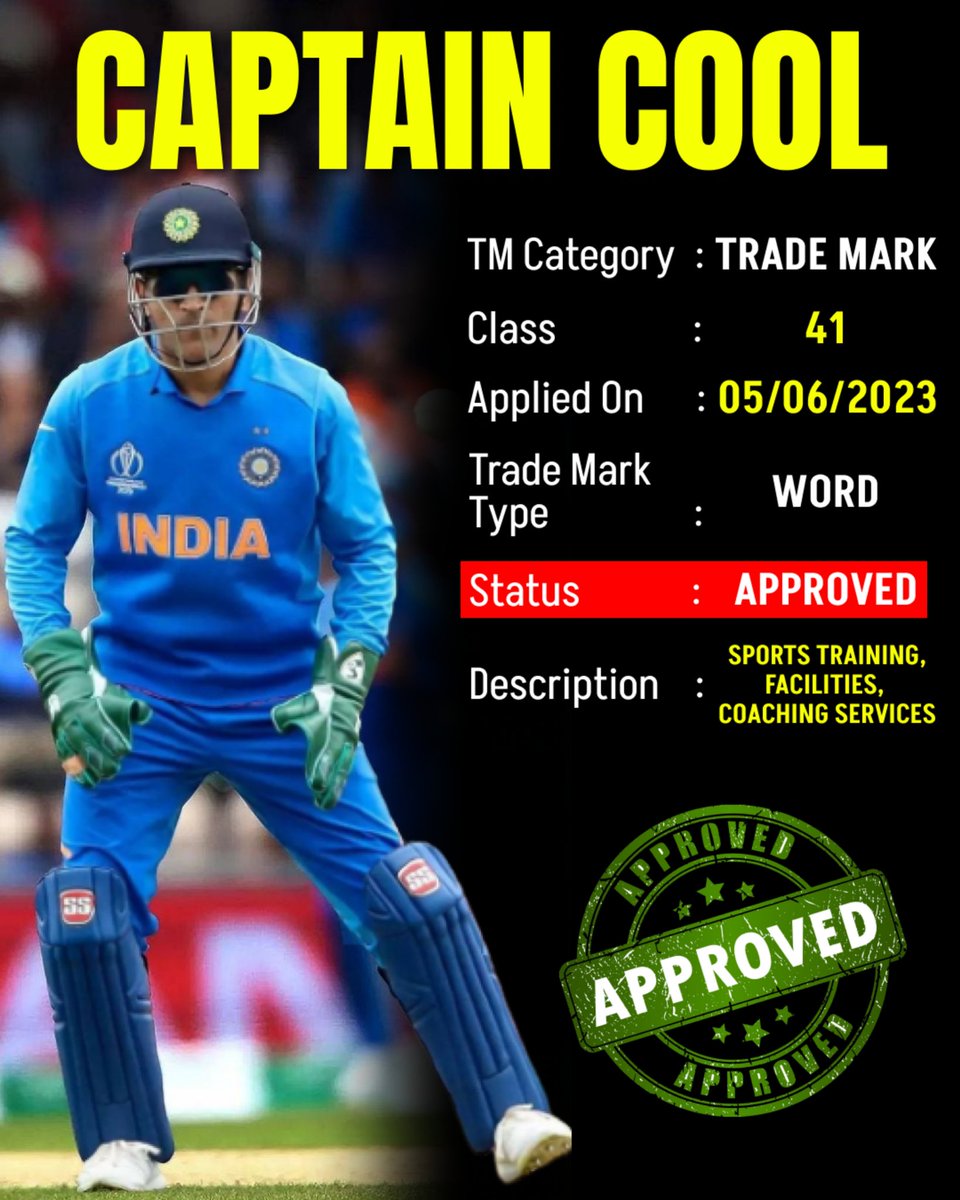 CSKFansOfficial's tweet photo. Captain Cool Trademark approved 💛 https://t.co/C3AgcEQIuY