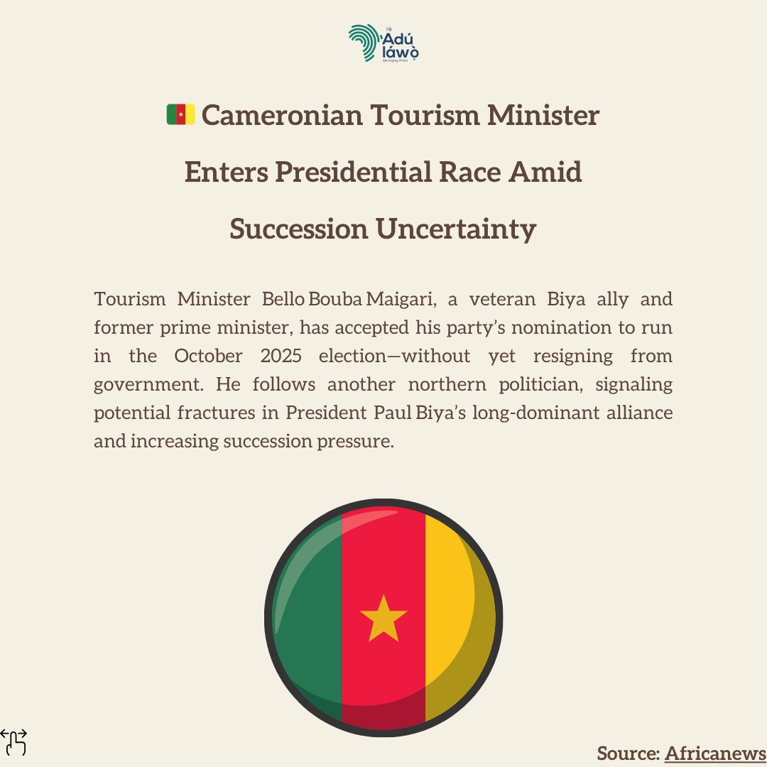 📣 Cameroonian Tourism Minister Bello Bouba Maigari enters presidential race amid uncertainty over Biya’s plans—could this mark a power shift?

#Cameroon #Election2025 #PoliticalSuccession #TheAdulawo #AfricanNews