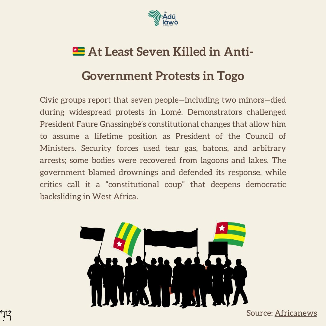 ⚠️ At least seven killed in Togo during protests against constitutional reforms—voices clash over democracy &amp; power.

#Togo #Democracy #Protests #TheAdulawo #AfricanNews