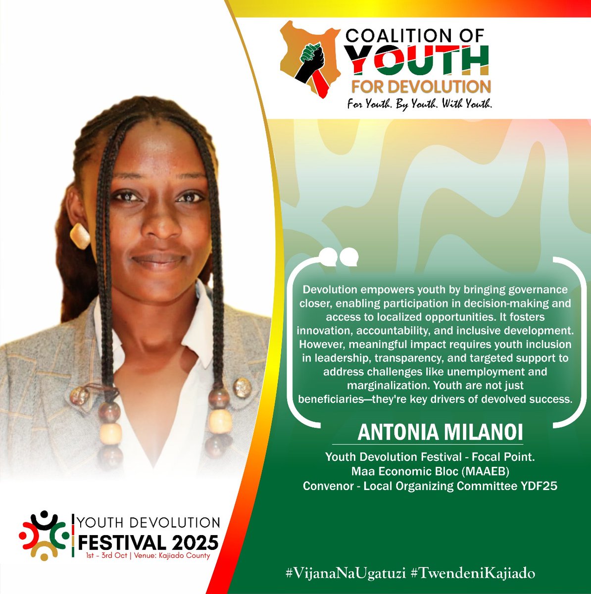 YouthDevolution's tweet image. "Devolution empowers youth by bringing governance closer,enabling participation in decision-making and access to localised opportunities..." Antonia Milanoi, LOC YFF2025