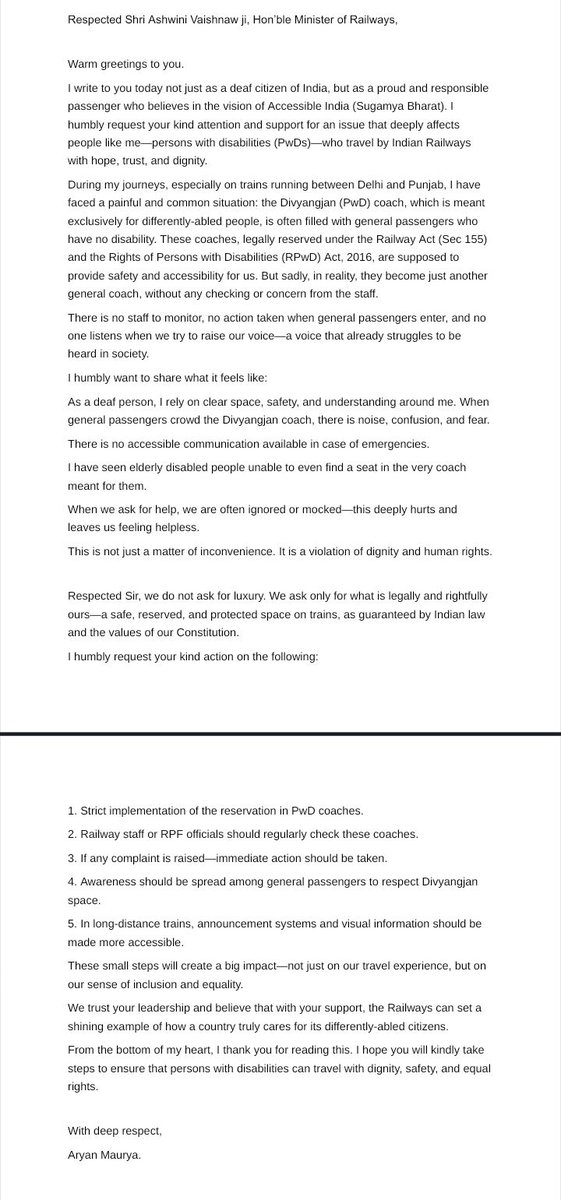 TW_aryanmaurya6's tweet photo. I wrote this open letter with deep respect to Hon’ble Railway Minister @AshwiniVaishnaw ji. As a deaf passenger, I request action for proper monitoring of Divyangjan coaches. Kindly read and support our voice. 🙏 @RailwaySeva @RailMinIndia @PMOIndia #DisabilityRights #RPwDACT2016 https://t.co/guoYNpJsWb