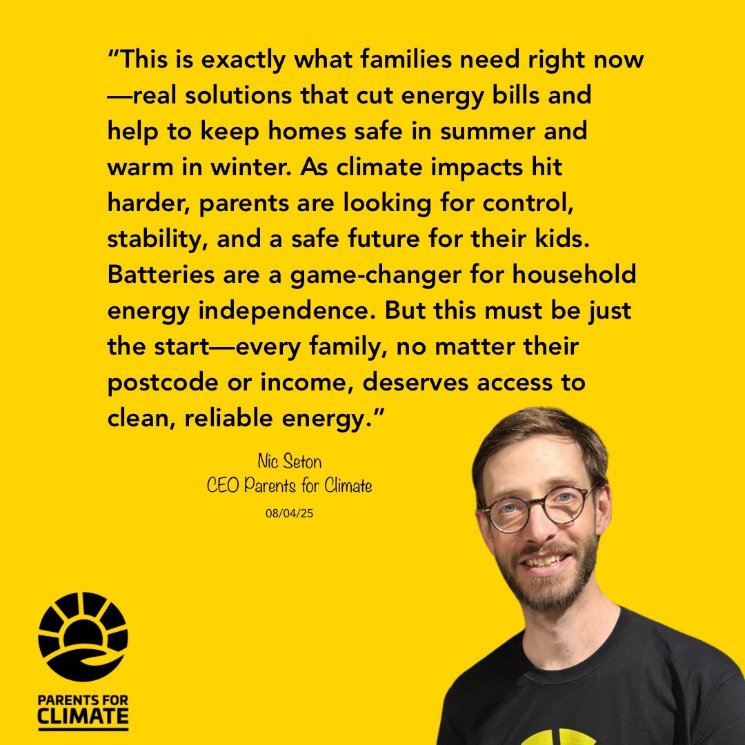 New 30% home battery subsidy that we fought really hard for with allies and won during the election is effective from today!

Revisit our statement from when the household battery announcement was made in April parentsforclimate.org/batteries_will…

#CostOfLiving
#ClimateSolutions