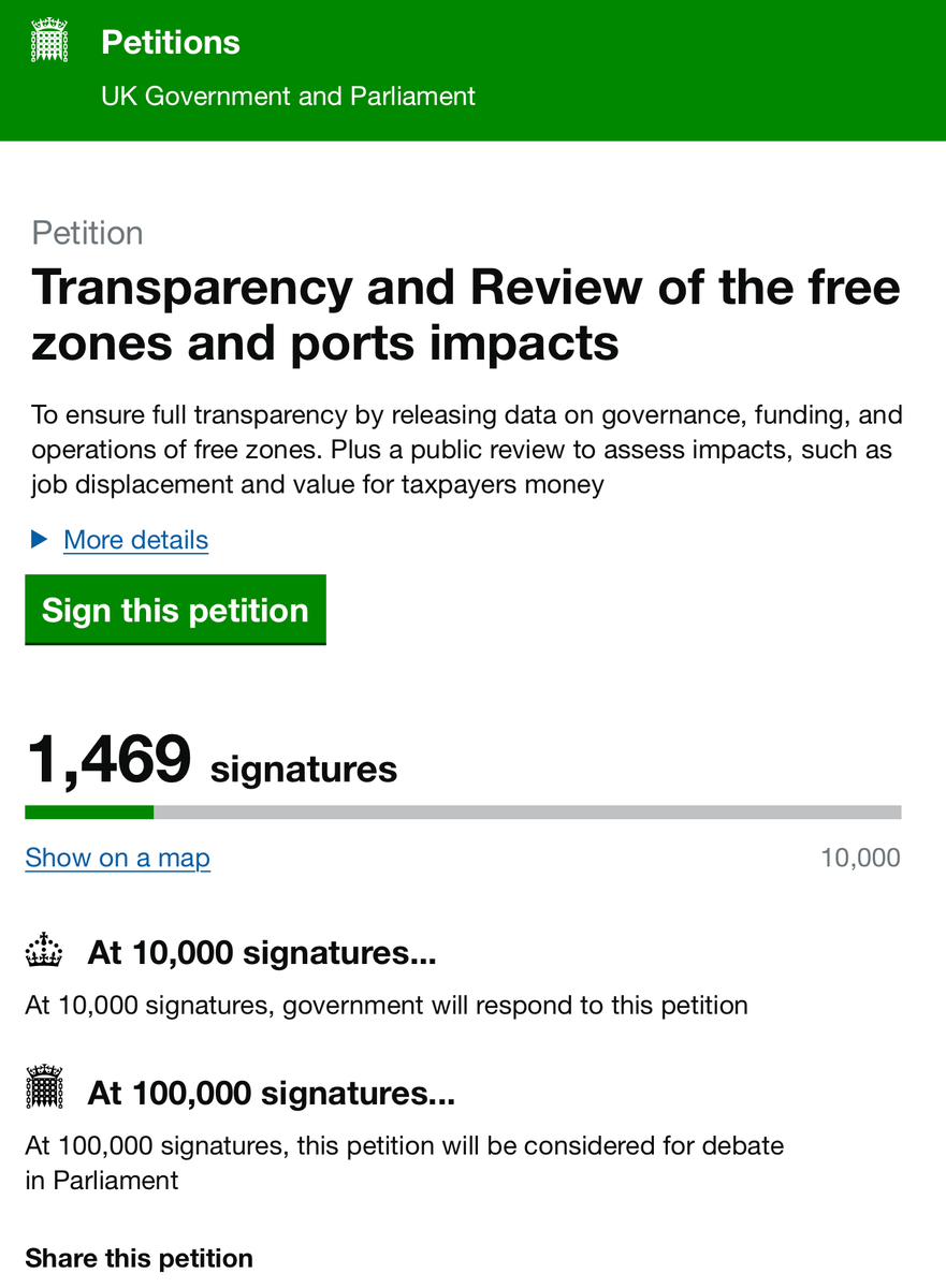 To my 43.5k followers, I need your help to sign and share my petition on Transparency and Review of the free zones and ports impacts. 
It was approved by the UK Govt and Parliament on 30th June 2025. 
Description
To ensure full transparency by releasing data on governance,