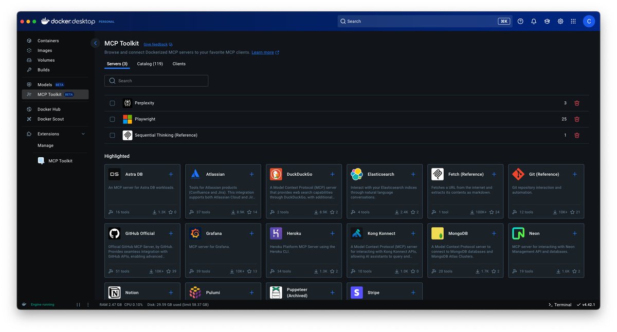 cguldogan's tweet image. I’ve been using the @Docker  MCP Toolkit for quite a while now, and it’s honestly excellent.

Working with MCPs in @code is already very convenient, but using them in @Docker  gives me the chance to experiment in a fully isolated environment — I definitely recommend it.🚀✨