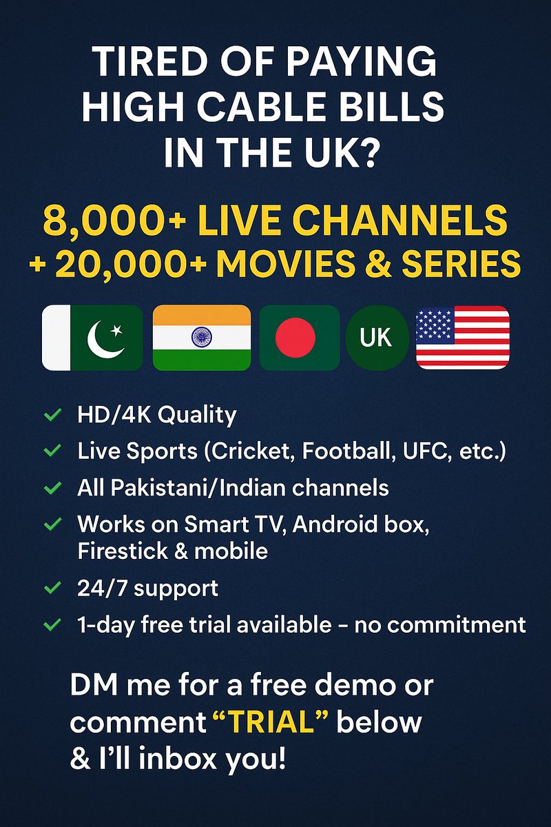 WA.me/+447923907788
Hello sir would you like to check the IPTV service i will provide you in reasonable price
unlimited live 4k quality chanals, movies, series, sky sports, ppv events,