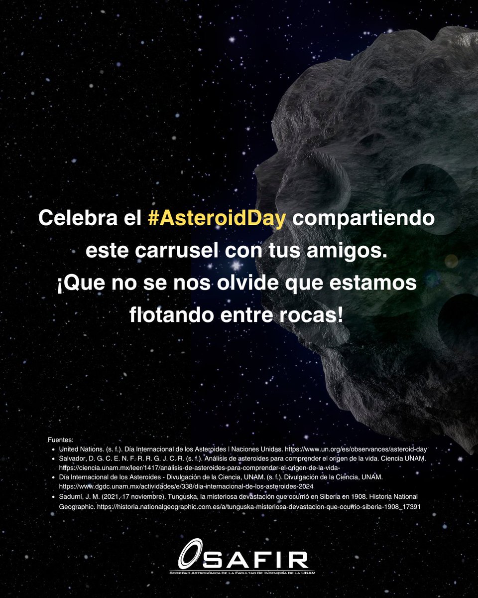 SAFIR_UNAM's tweet photo. 🚨¿Sabías que los asteroides contienen pistas sobre el origen del sistema solar? 🪐💥 En el #DiaDeLosAsteroides exploramos cómo estos cuerpos rocosos pueden impactar —literalmente— nuestro futuro.

#AsteroidDay #SAFIRUNAM #Astronomia #DivulgacionCientifica #Asteroides #UNAM https://t.co/KLSGfKKx0U