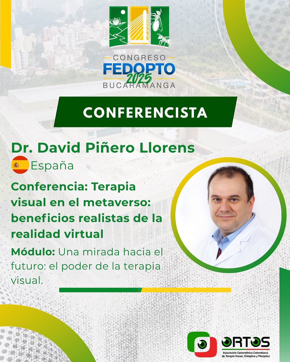 En el Congreso Fedopto 2025 contaremos con la presencia del Dr. David Piñero Llorens 🇪🇸, quien nos acompaña desde España para compartir su conferencia:

🎤 “Terapia visual en el metaverso: beneficios realistas de la realidad virtual”