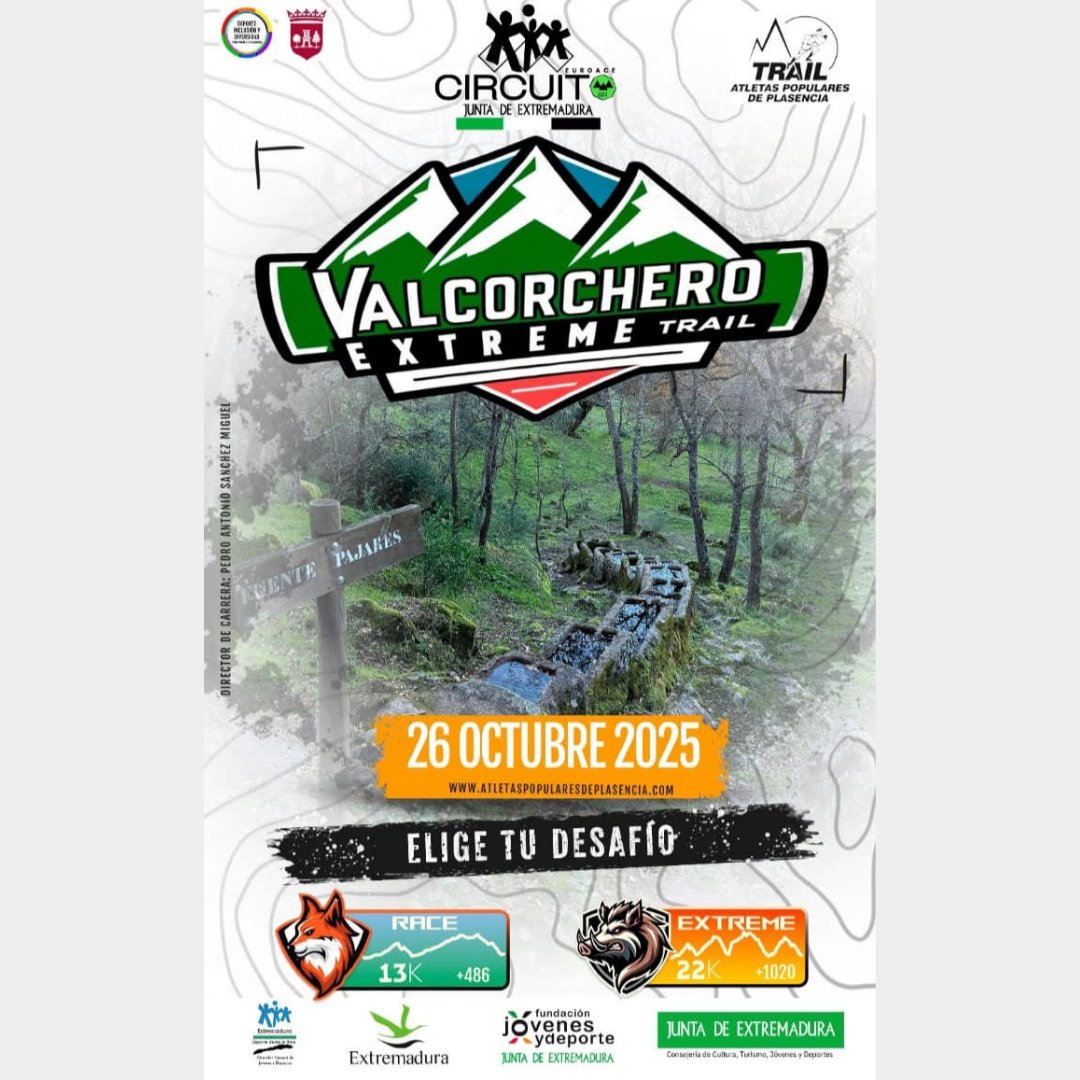 🏃‍♂️ Vuelve el Valcorchero Extreme Trail el 26 de octubre en Plasencia
🌿 95% del recorrido por senderos
📏 22 km / 13 km
🎽 Bolsa del corredor top
🟢 ¡Inscripciones ya abiertas en chipserena.es!
Organiza: <a href="/AtletasPopPlas/">Atl. Pop. Plasencia</a> 
#TrailRunning #Plasencia #ValcorcheroTrail