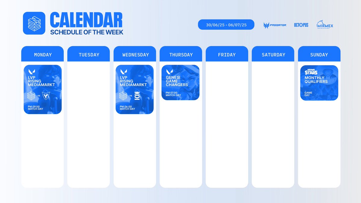 NOVO Esports (@novoesports) on Twitter photo Weekly schedule 🥀
<a href="/POW3R_GC/">Giorgio POW3R Calandrelli</a>
<a href="/LVPesVALORANT/">VALORANT Challengers Spain: Rising MediaMarkt</a> <a href="/king___esport/">King Esport</a>
#NOVOEsports #BleedBlue #RisingMediaMarkt #GameChangersItaly Weekly schedule 🥀
<a href="/POW3R_GC/">Giorgio POW3R Calandrelli</a>
<a href="/LVPesVALORANT/">VALORANT Challengers Spain: Rising MediaMarkt</a> <a href="/king___esport/">King Esport</a>
#NOVOEsports #BleedBlue #RisingMediaMarkt #GameChangersItaly