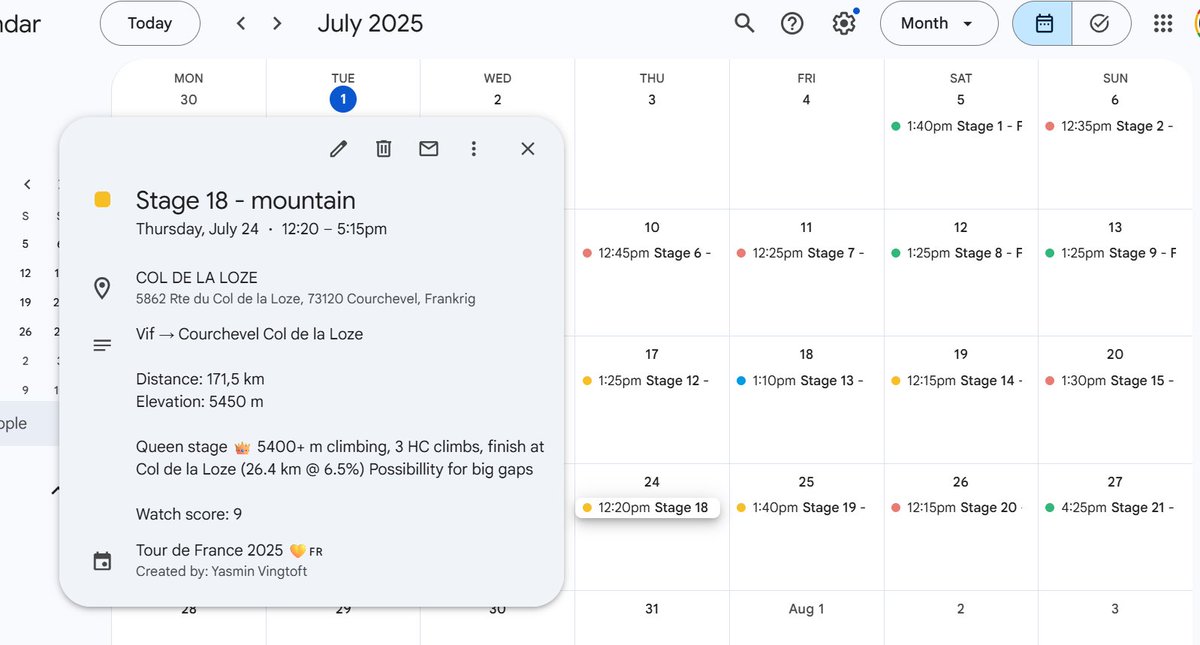 CyclingYazz's tweet image. To supplement my brief Tour de France overview, I have made an iCalendar you can integrate into your own calendar! Each stage includes a watch score, a short briefing about the stage, start/finish times, and towns. 🇫🇷💛🚴

Links below! ⬇️ 

#TDF2025 #TDF #TDF25