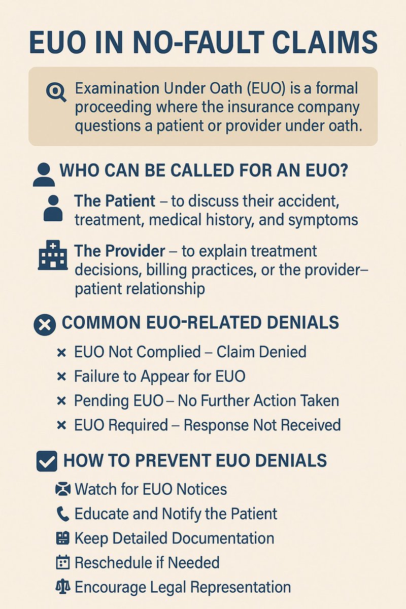 Abdulqudoos101's tweet image. 🧾 EUO in No-Fault Claims: What Providers and Patients Must Know

#MedicalBilling #EUO #NoFaultClaims #ClaimDenials #HealthcareBilling #RevenueCycleManagement #ProviderSupport #InsuranceClaims #NoFaultInsurance #BillingTips