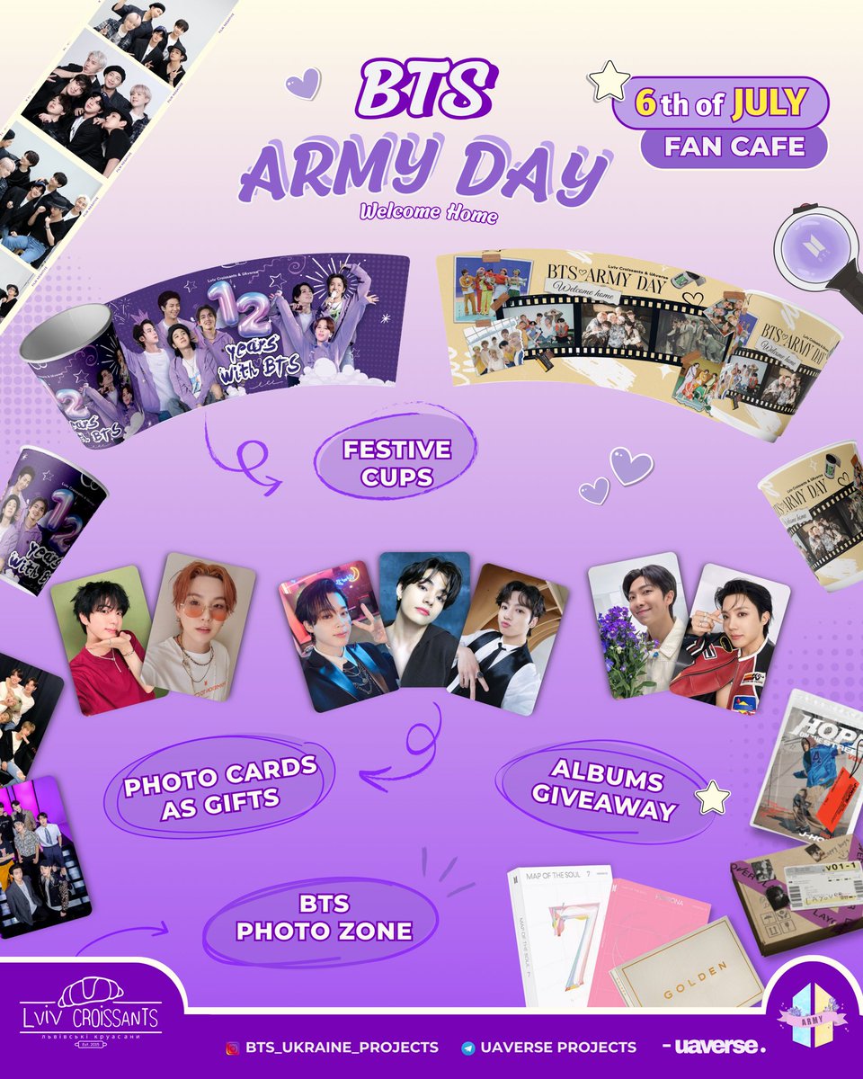 btsukrprojects's tweet photo. 💜 BTS ARMY DAY: Welcome Home 💜

📅 July 6 | 📍 Lviv Croissants
🇺🇦 Ukraine | 🇵🇱 Poland | 🇨🇿 Czech Republic
🎥 Live video chat between cities
🎁 BTS cups, photocards, giveaways
🎶 BTS music, photo zone &amp; cozy vibes

Come celebrate with ARMY! ✨
⬇️ https://t.co/Xknb2tYyWD