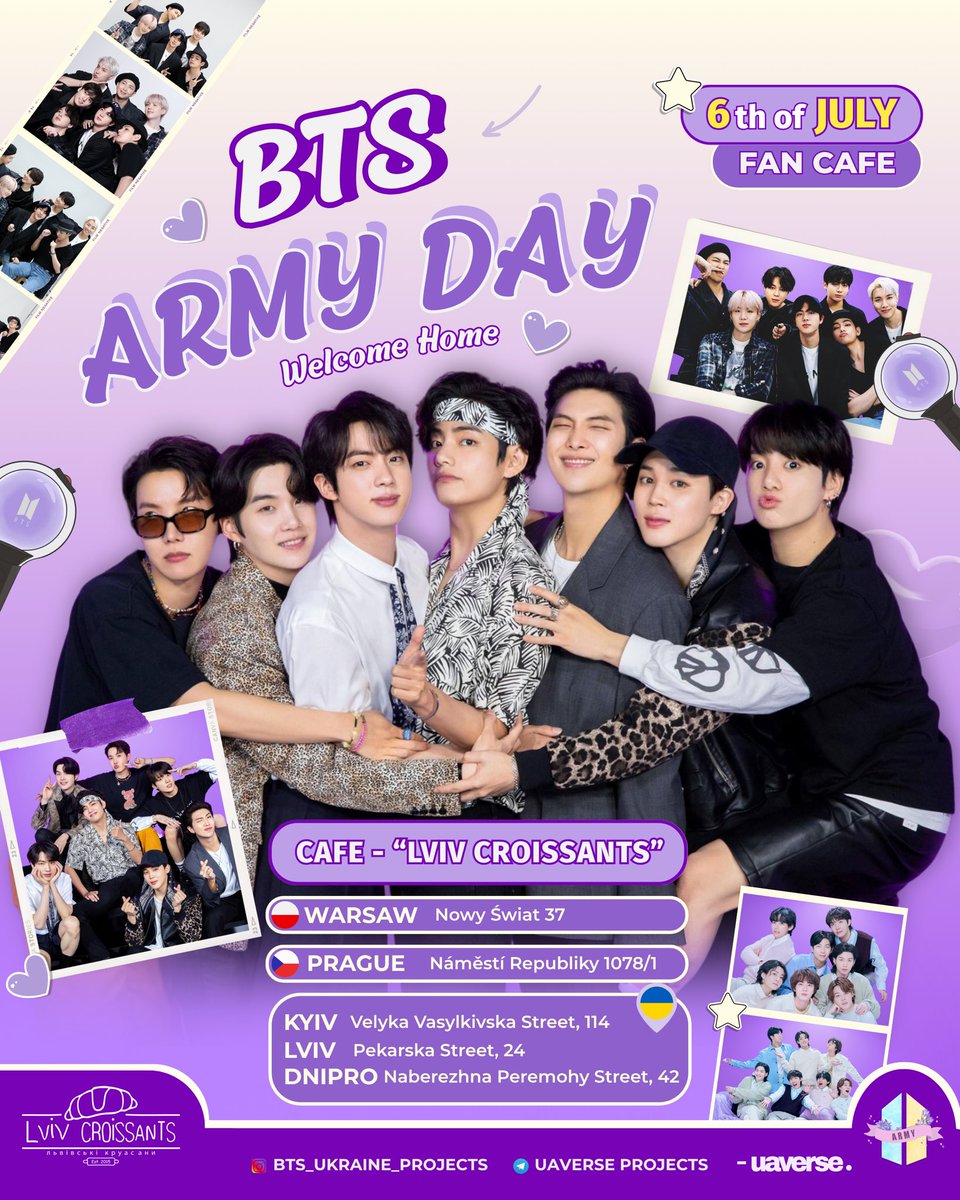 btsukrprojects's tweet photo. 💜 BTS ARMY DAY: Welcome Home 💜

📅 July 6 | 📍 Lviv Croissants
🇺🇦 Ukraine | 🇵🇱 Poland | 🇨🇿 Czech Republic
🎥 Live video chat between cities
🎁 BTS cups, photocards, giveaways
🎶 BTS music, photo zone &amp; cozy vibes

Come celebrate with ARMY! ✨
⬇️ https://t.co/Xknb2tYyWD