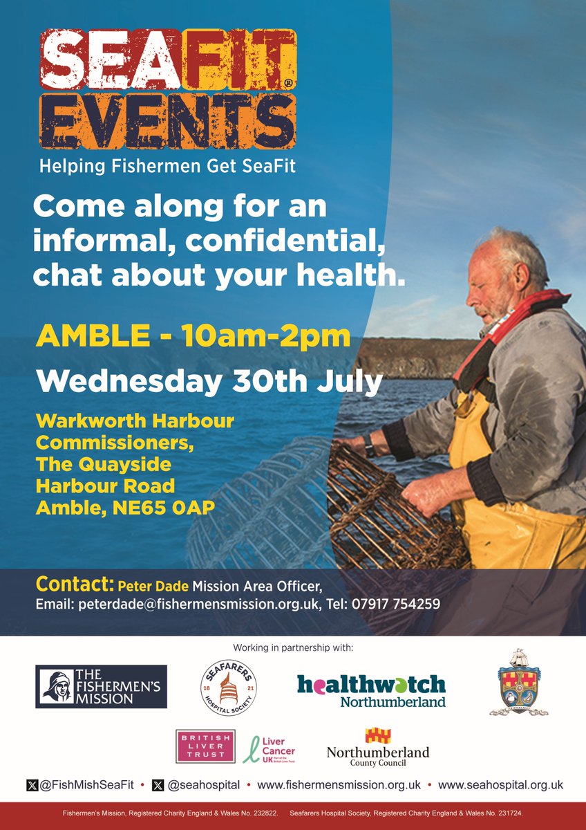 FishMishSeaFit's tweet image. Your boat gets regular checks — why not your body? Free quayside health checks for fishermen are back in Amble. 30th July. Stay strong, stay safe. @thefishmish @seahospital @ProstateUK @LiverTrust @HWNland @FlexHealth5