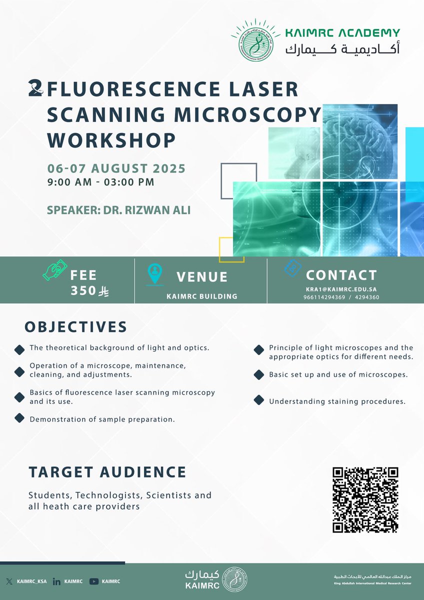 KAIMRC Research Academy (@kaimrce) on Twitter photo Enrich your microscopy skills and take part in the 2nd Fluorescence Laser Scanning Microscopy Course and Workshop on Aug 6-7, 2025, at #KAIMRC
For registration, click here:
events.ksau-hs.edu.sa/Courses/Course… Enrich your microscopy skills and take part in the 2nd Fluorescence Laser Scanning Microscopy Course and Workshop on Aug 6-7, 2025, at #KAIMRC
For registration, click here:
events.ksau-hs.edu.sa/Courses/Course…
